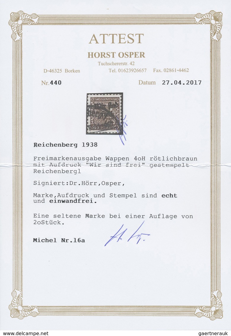O Sudetenland - Reichenberg: 1938, Wappenausgabe 40 H Rötlichbraun Mit Handstempel-Aufdruck "Wir Sind - Sudetenland