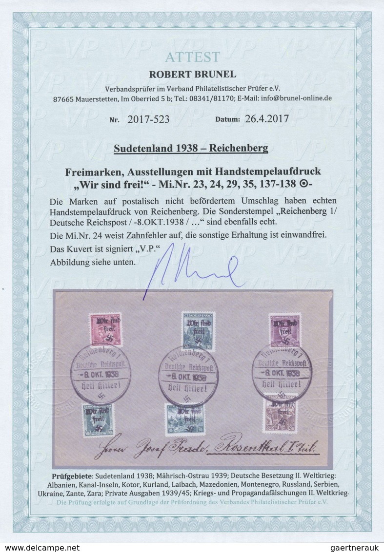 Br Sudetenland - Reichenberg: 1938, Freimarken 6 Werte (Mi.Nr. 24 Zahnfehler) Mit Handstempelaufdruck " - Sudetenland