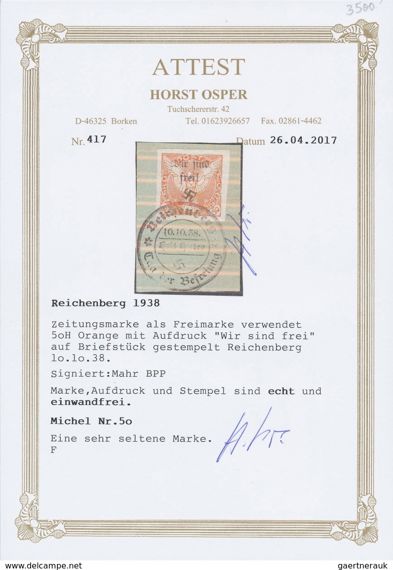 Brfst Sudetenland - Reichenberg: 1938, Zeitungsmarke 50 H Orange Mit Aufdruck "Wir Sind Frei" Breitrandig - Sudetenland