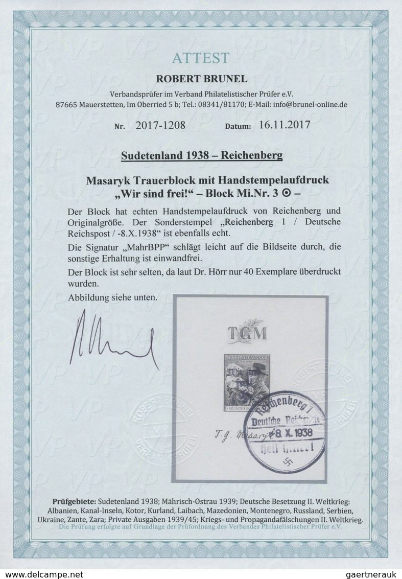 O Sudetenland - Reichenberg: 1938, Masaryk-Block Mit Handstempelaufdruck Von Reichenberg, Gestempelt M - Sudetenland