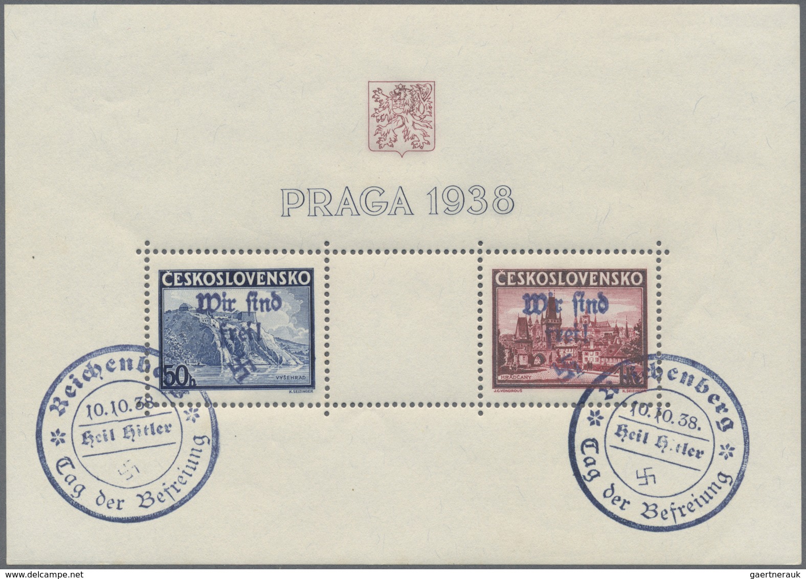 O Sudetenland - Reichenberg: 1938, PRAGA-Ausstellungsblock Mit Stempel "Reichenberg 10.10.38", Rechte - Sudetenland