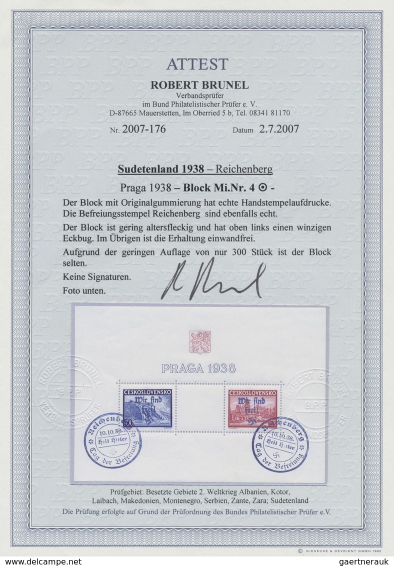 O Sudetenland - Reichenberg: 1938, PRAGA-Ausstellungsblock Mit Stempel "Reichenberg 10.10.38", Rechte - Sudetenland