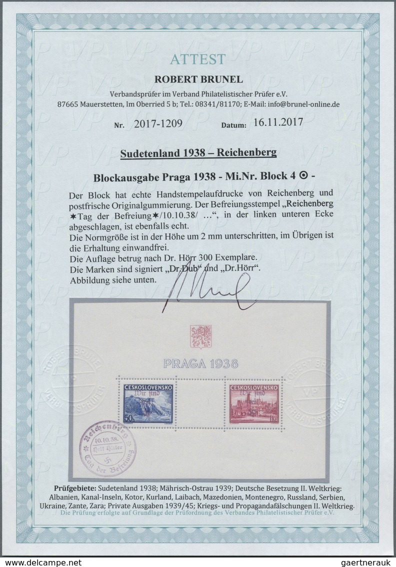O Sudetenland - Reichenberg: 1938, Ausstellungs-Block Zur Praga Mit Violettschwarzem Handstempelaufdru - Région Des Sudètes