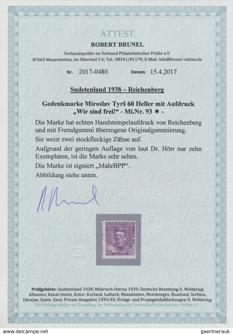 * Sudetenland - Reichenberg: 1938, 60 H. Tyrs Ungebraucht Mit Fremdgummi Und Zwei Zähne Mit Stockfleck - Région Des Sudètes