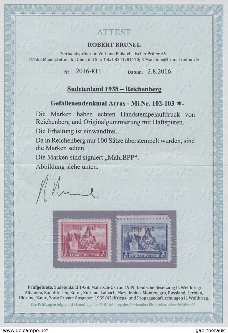 * Sudetenland - Reichenberg: 1938, 1 Kc. Und 2 Kc. Gefallenendenkmal, Ungebraucht, Pracht, Signiert Ma - Sudetenland