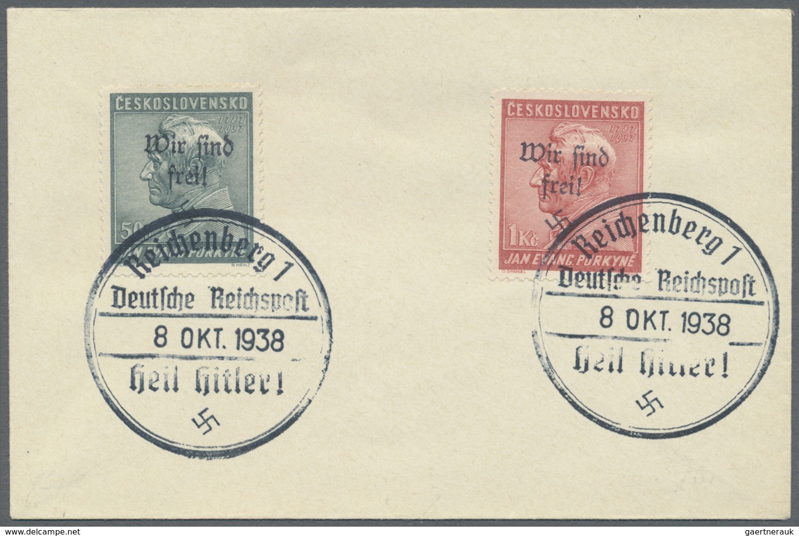 Brfst Sudetenland - Reichenberg: 1938, 50 H. Und 1 Kc. Purkyne Je Mit Stempel "Reichenberg 8.OKT.1938" Auf - Sudetenland