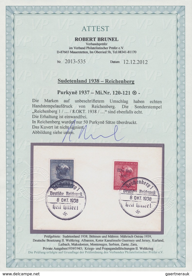 Brfst Sudetenland - Reichenberg: 1938, 50 H. Und 1 Kc. Purkyne Je Mit Stempel "Reichenberg 8.OKT.1938" Auf - Sudetenland