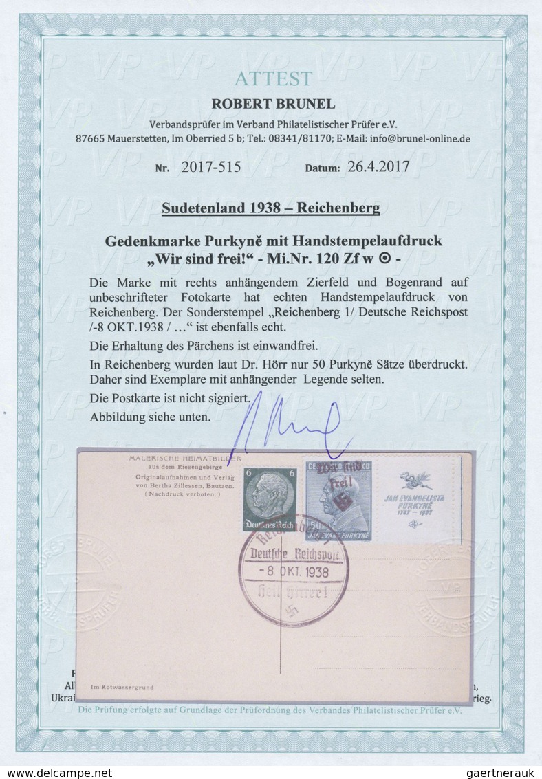 GA Sudetenland - Reichenberg: 1938, Gedenkmarke Purkyne 50 Heller Mit Rechts Anhängendem Zierfeld Und B - Sudetenland