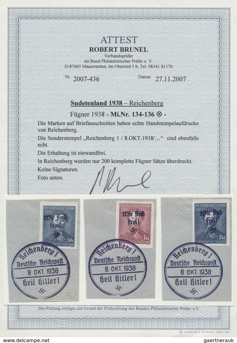 Brfst Sudetenland - Reichenberg: 1938, 50 H. Bis 2 Kc. Fügner, Kompletter Satz Auf Drei Kabinett-Briefstüc - Région Des Sudètes