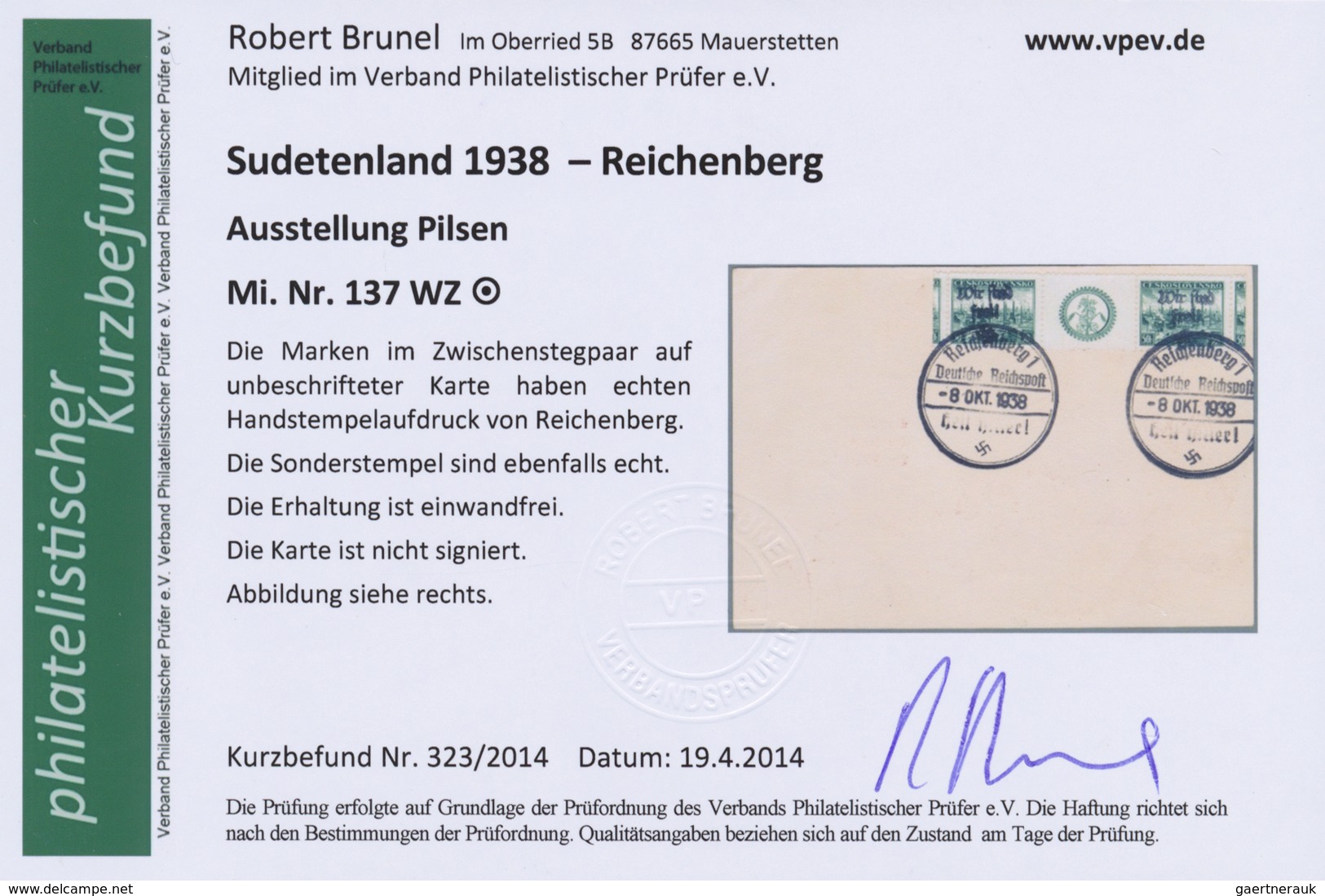 Br Sudetenland - Reichenberg: 1938, 50 H. Pilsen Im Waagerechten Zwischenstegpaar Mit übergehendem Stem - Région Des Sudètes