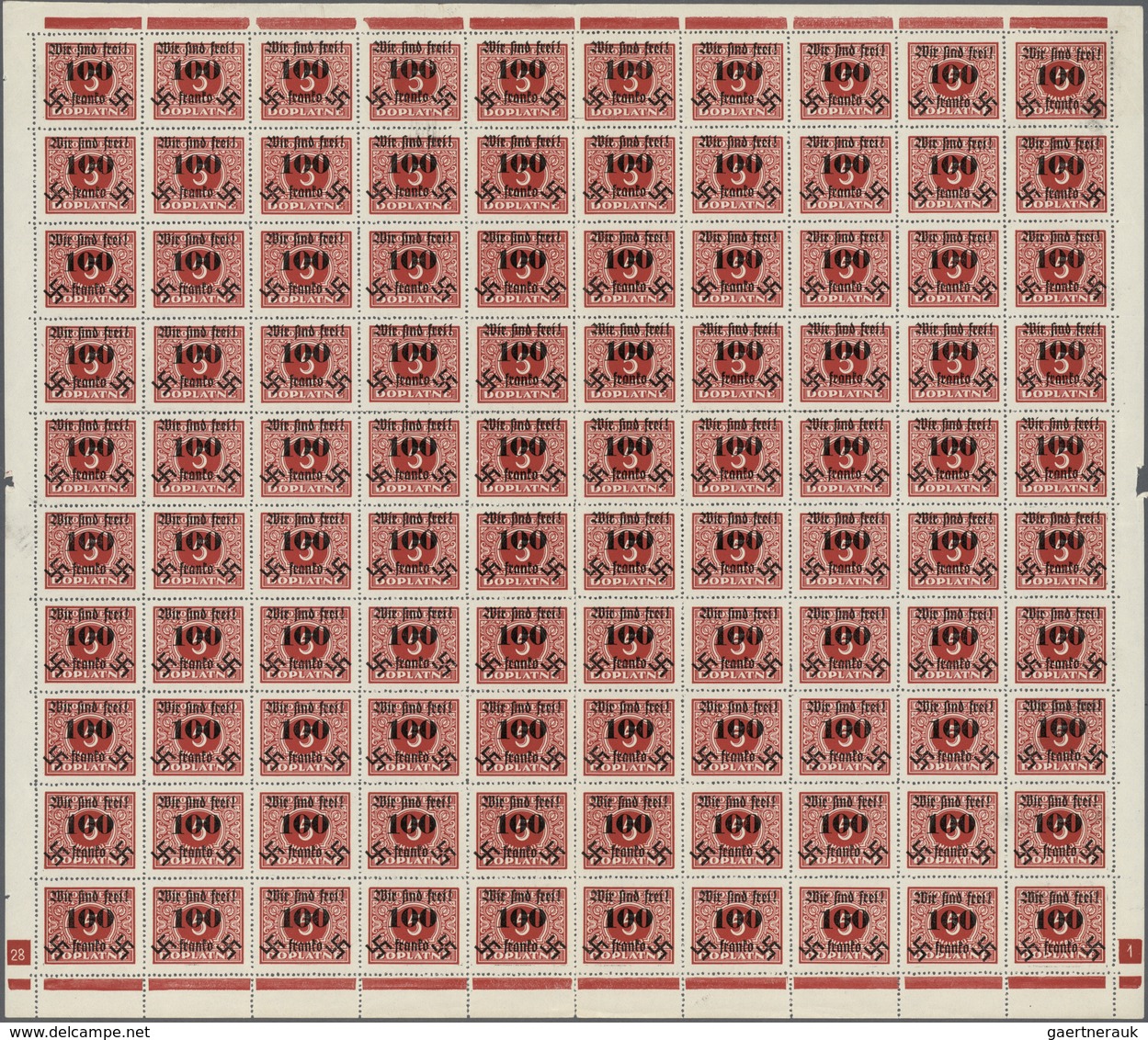 ** Sudetenland - Rumburg: 1938, 100 H. Auf 5 H. Portomarken, Kompletter Postfrischer Bogen Mit 100 Wert - Sudetenland