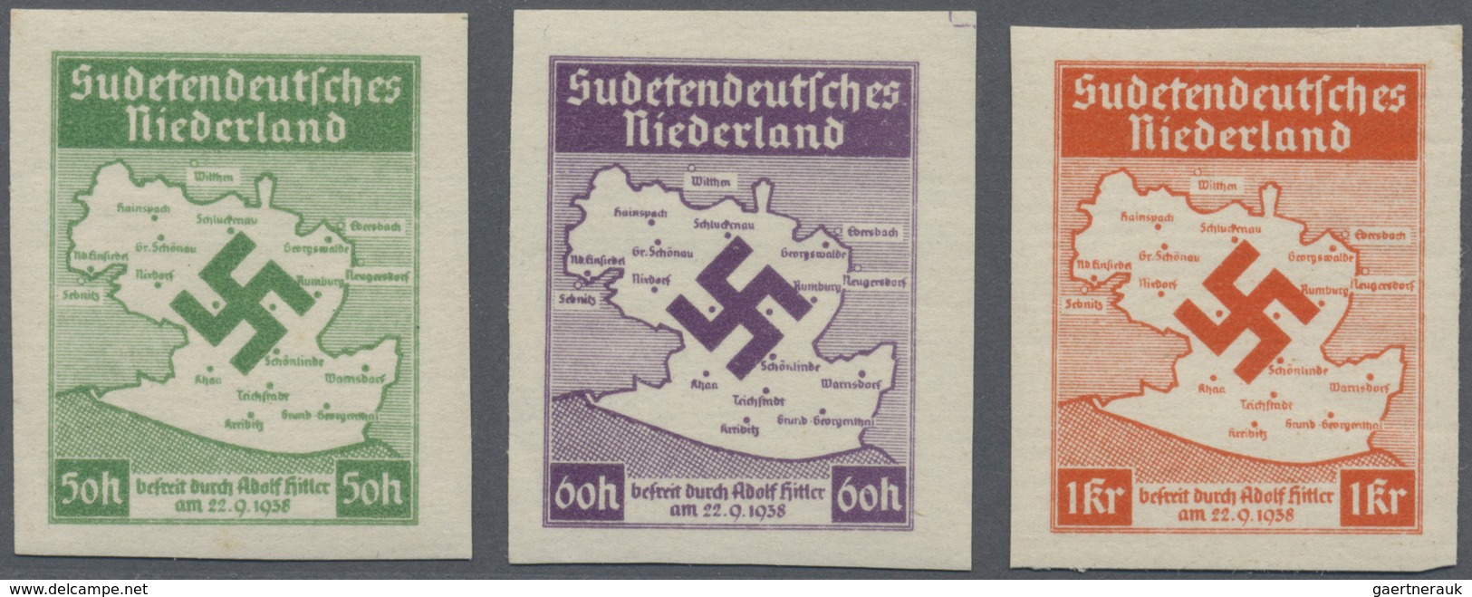 ** Sudetenland - Sudetendeutsches Niederland: 1938, 50 H. Bis 1 Kr. Ungezähnt, Kompletter Satz Mit Drei - Sudetenland