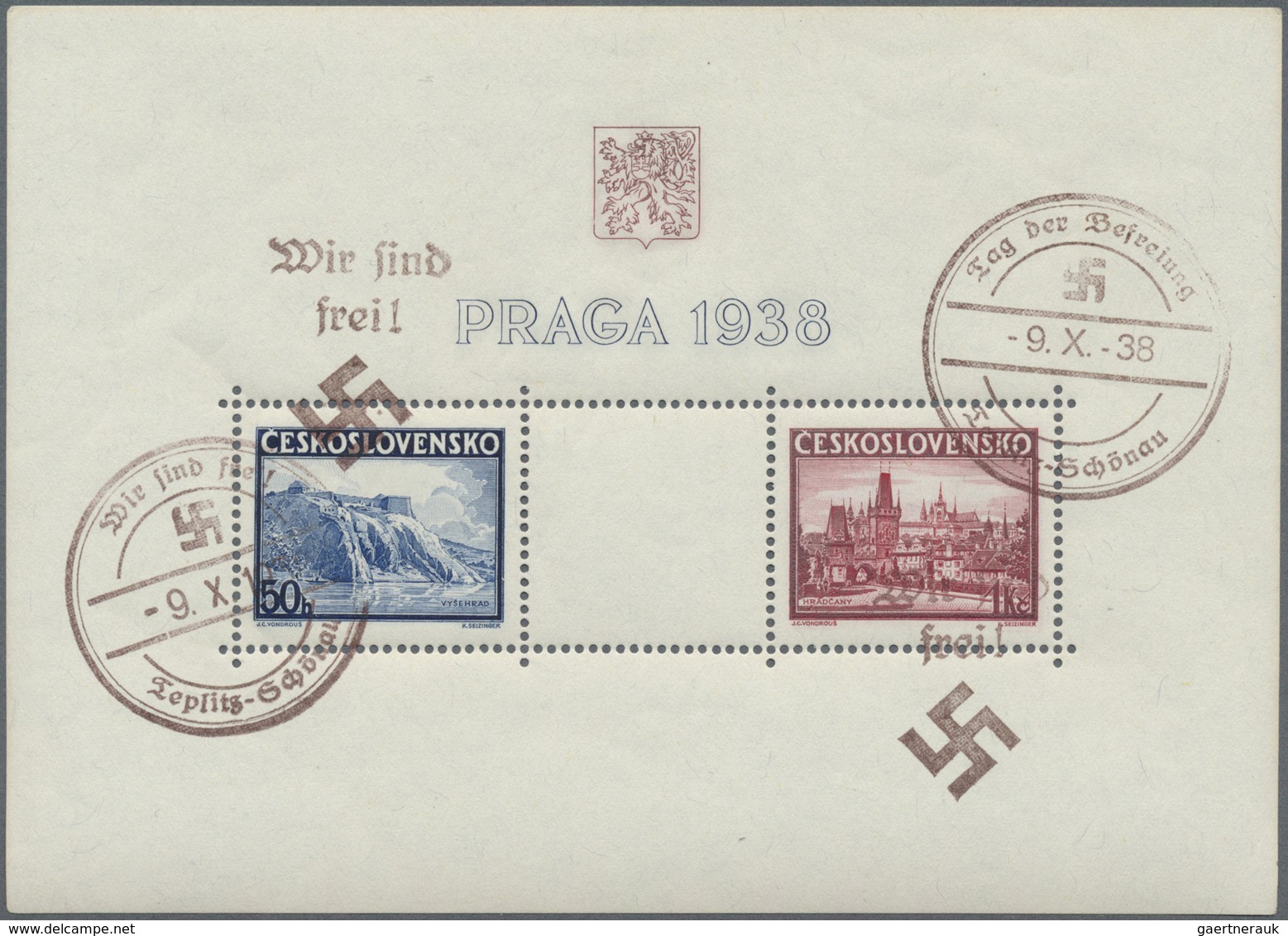O Sudetenland - Besonderheiten: 1938, Ausstellungs-Block Zur Praga Mit Handstempelaufdruck Von Teplitz - Occupazione 1938 – 45
