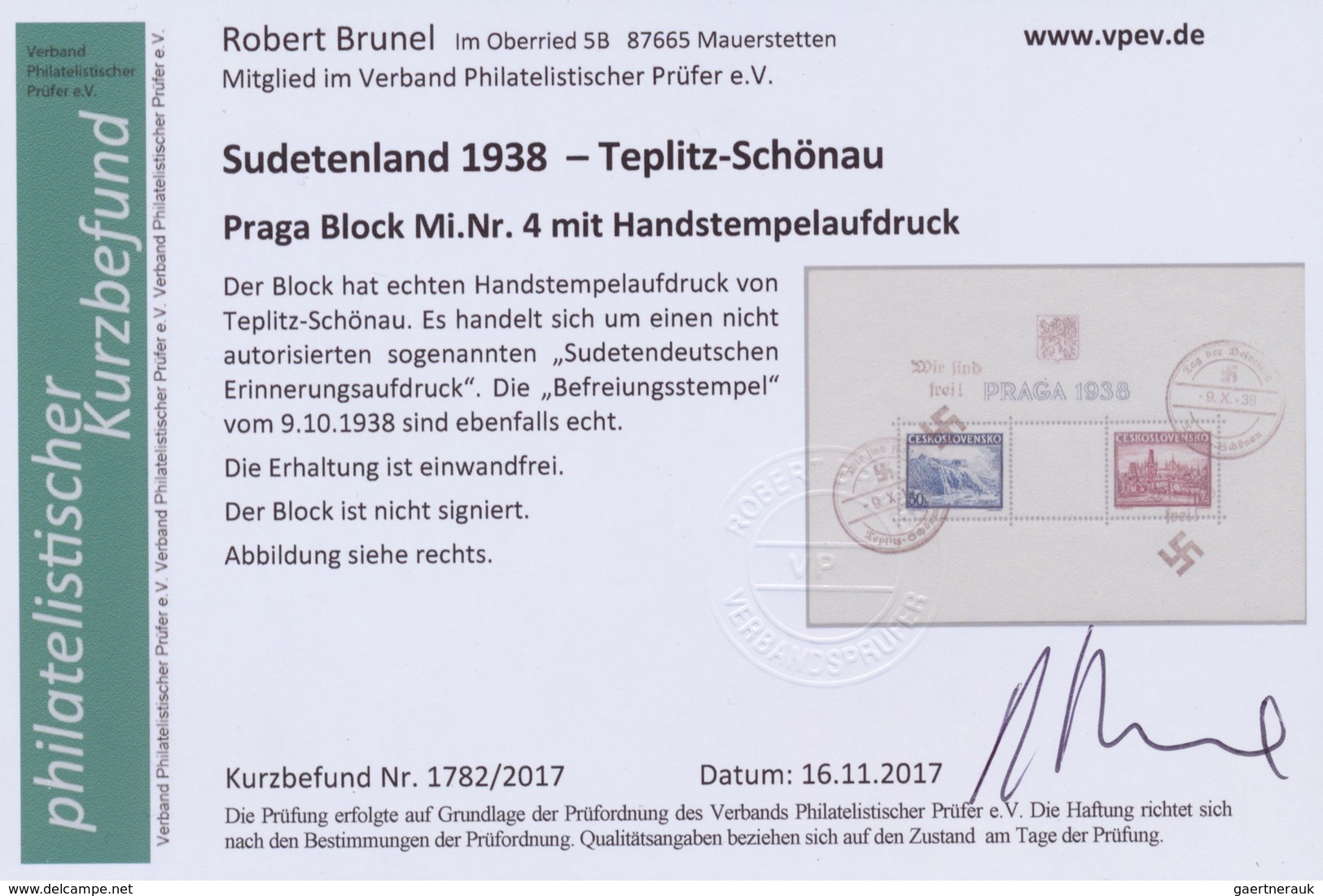 O Sudetenland - Besonderheiten: 1938, Ausstellungs-Block Zur Praga Mit Handstempelaufdruck Von Teplitz - Occupation 1938-45