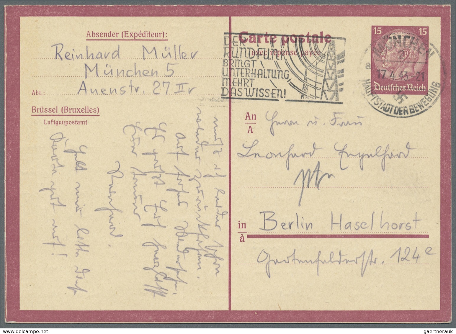 GA Dt. Besetzung II WK - Belgien - Ganzsachen: 1943, Doppelkarte 15+15 Pf Weinrot Hindenburg, Rahmfarbe - Besetzungen 1938-45