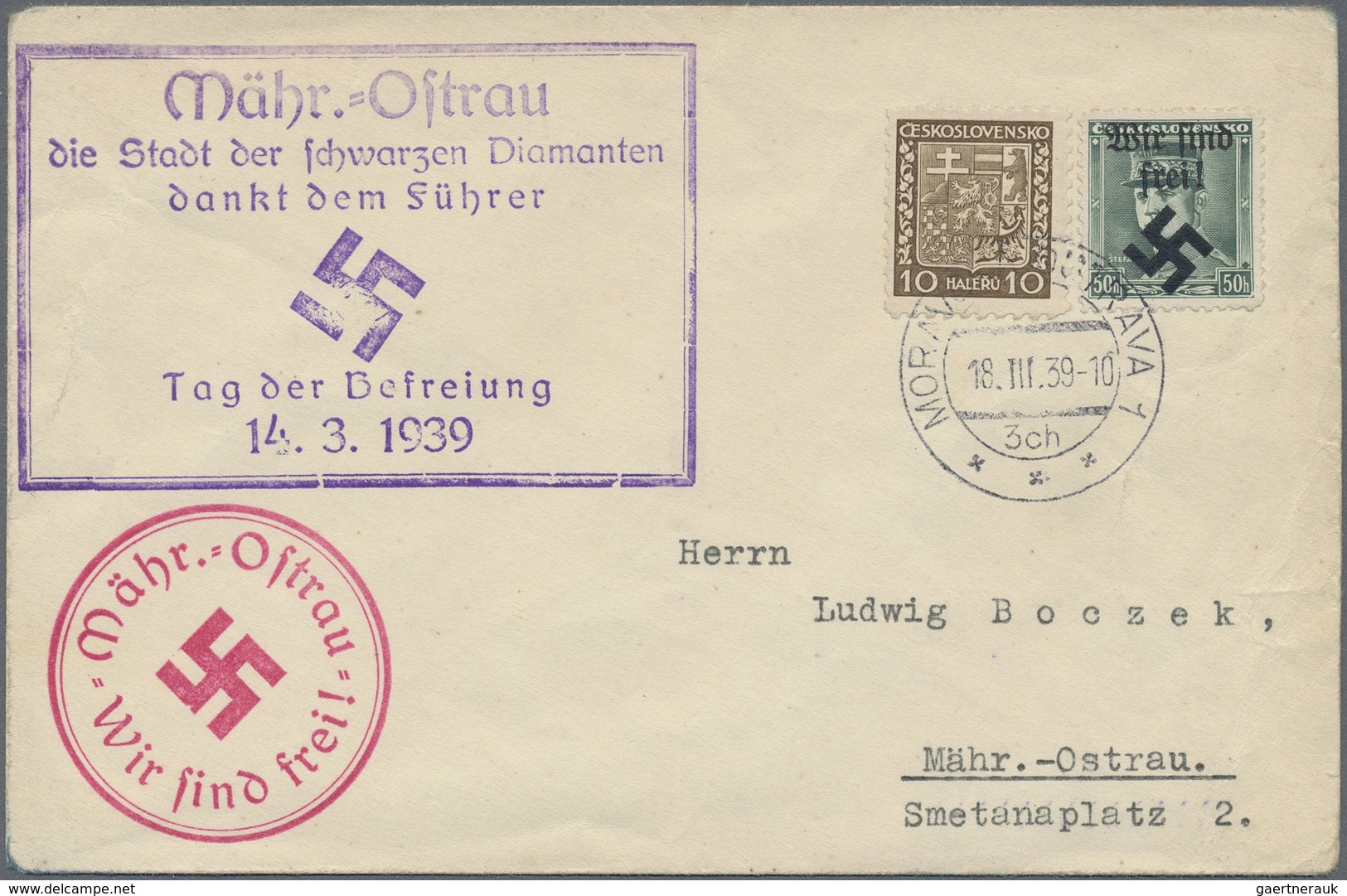 Br Dt. Besetzung II WK - Böhmen Und Mähren - Mährisch-Ostrau: 1939, Freimarke 50 H. Mit Handstempelaufd - Besetzungen 1938-45