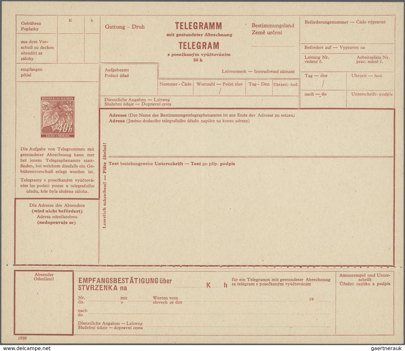 GA Dt. Besetzung II WK - Böhmen Und Mähren - Ganzsachen: 1939. Telegrammblatt 40 (50) H Lindenzweig, We - Occupation 1938-45