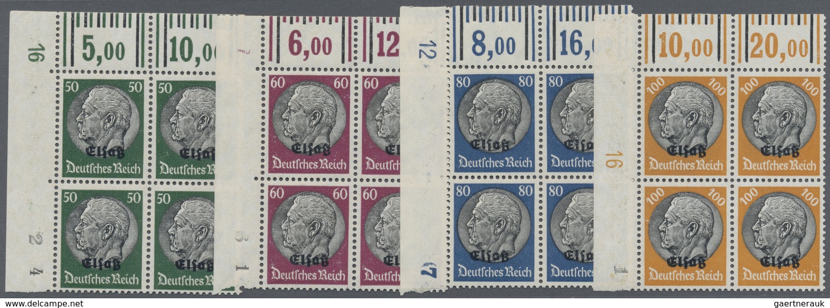 **/ Dt. Besetzung II WK - Elsass: 1940, Hindenburg Mit Aufdruck, Kompletter Satz Im Obereckrandviererblo - Besetzungen 1938-45