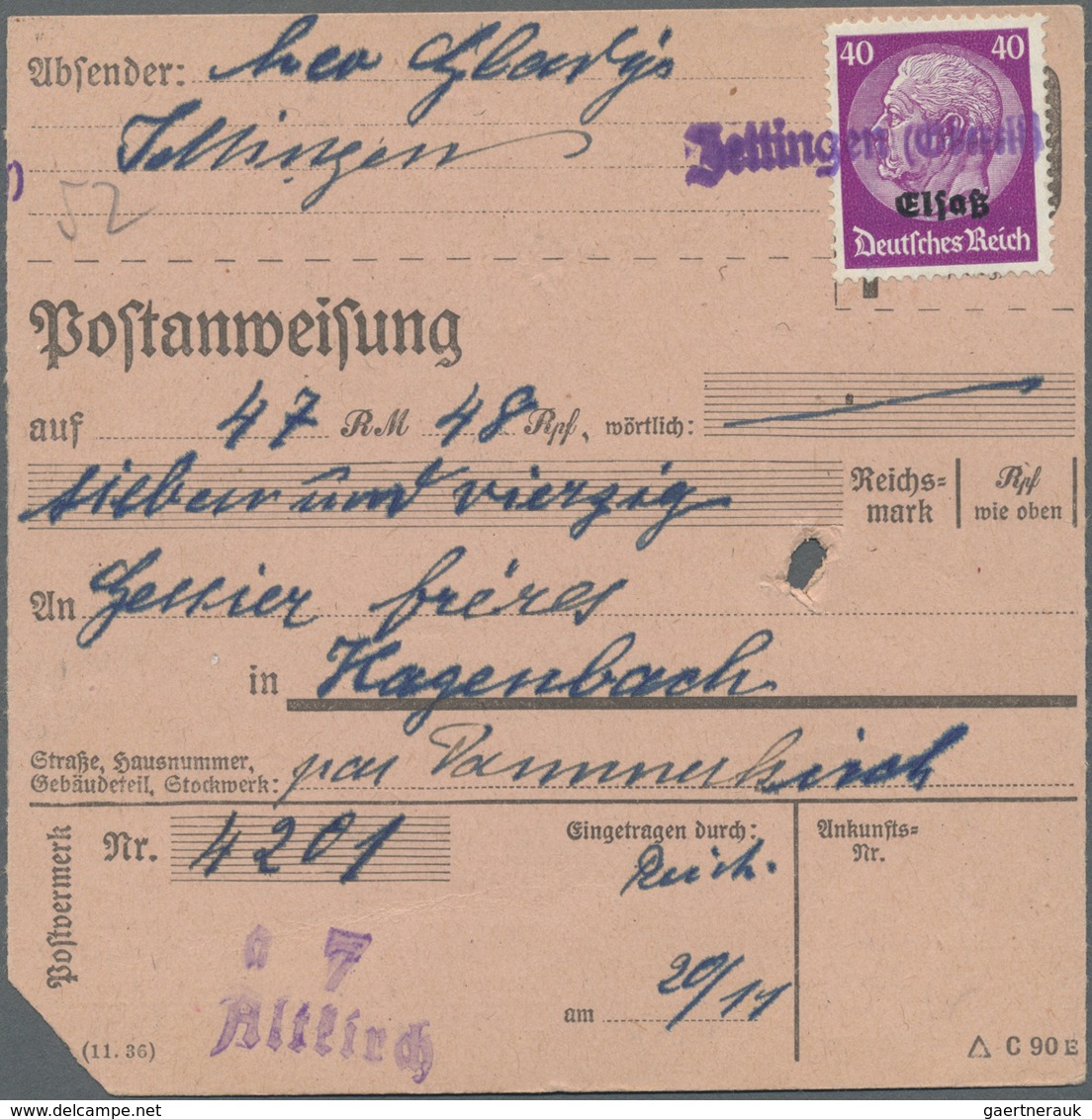 Br Dt. Besetzung II WK - Elsass: 1940, 40 Pf Lebhaftviolett, EF Auf Postanweisung Vom 20.11.40 Mit Nots - Bezetting 1938-45