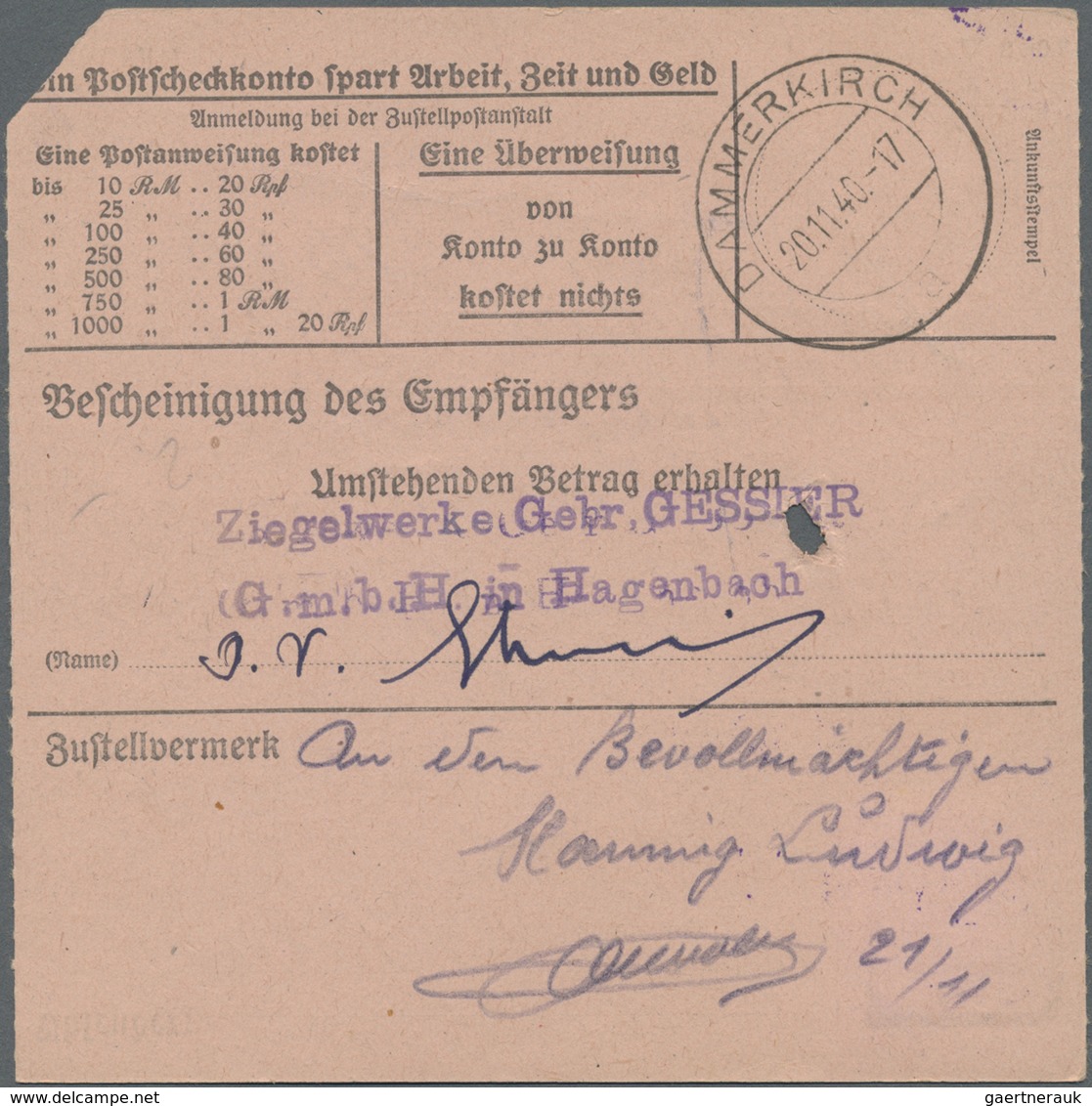 Br Dt. Besetzung II WK - Elsass: 1940, 40 Pf Lebhaftviolett, EF Auf Postanweisung Vom 20.11.40 Mit Nots - Occupation 1938-45