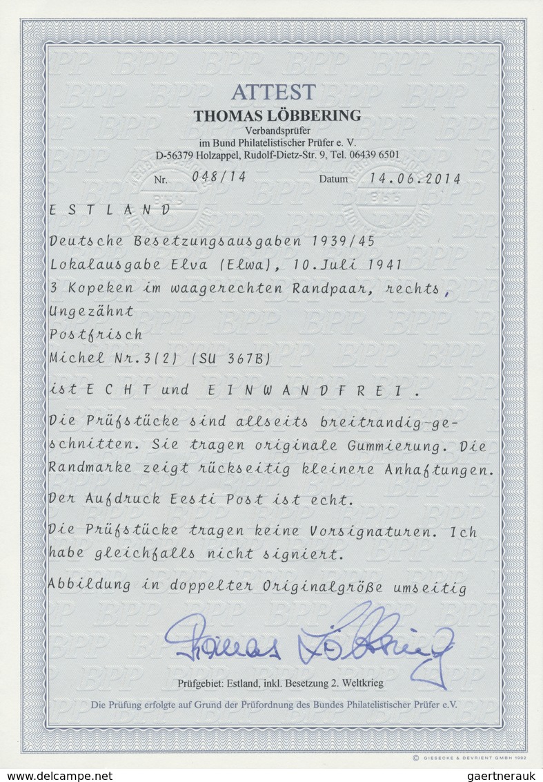 ** Dt. Besetzung II WK - Estland - Elwa: 1941, 3 Kop. Im Waagerechten Paar Vom Bogenrand Rechts, Ungezä - Occupazione 1938 – 45