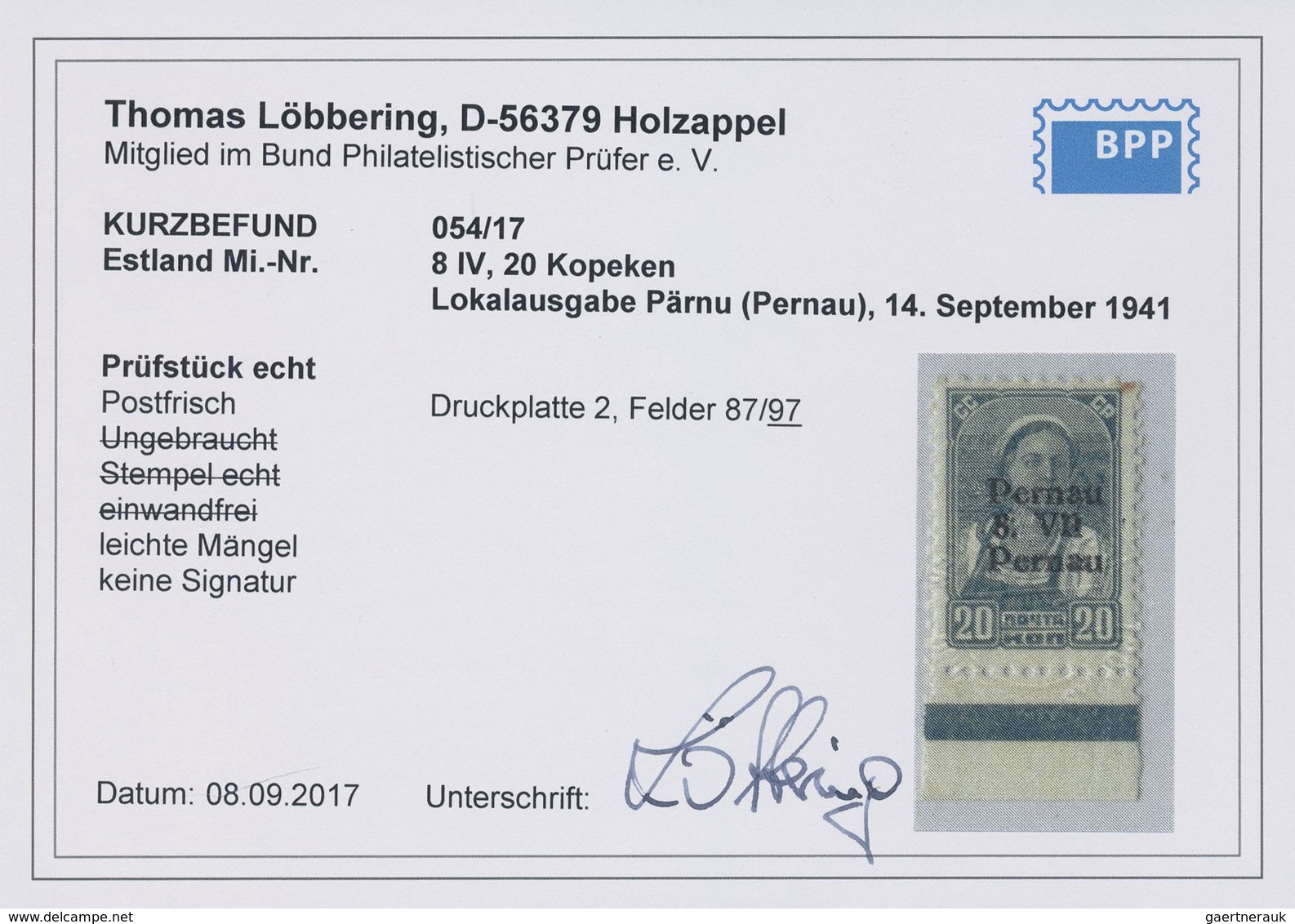 ** Dt. Besetzung II WK - Estland - Pernau (Pärnu): 1941, 5 K Braunrot Type IV Postfrisch, 20 K Grün Typ - Besetzungen 1938-45