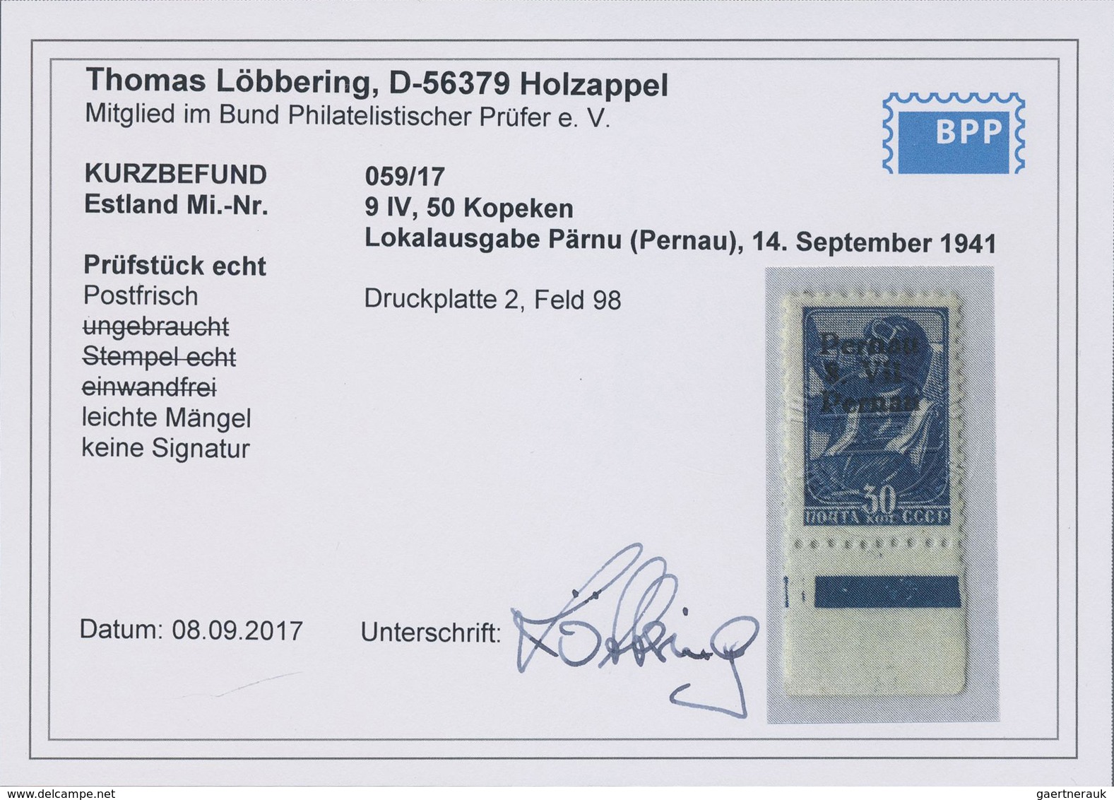 ** Dt. Besetzung II WK - Estland - Pernau (Pärnu): 1941, 5 K braunrot Type IV postfrisch, 20 K grün Typ