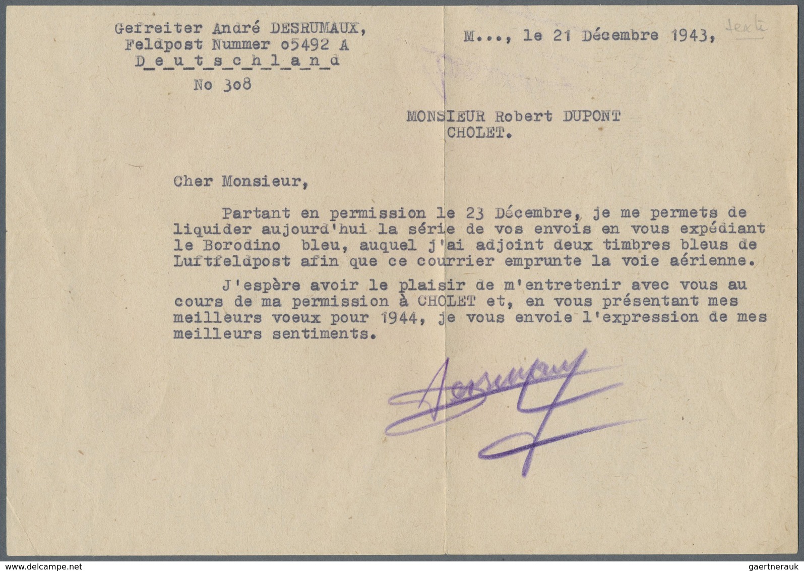 Br Dt. Besetzung II WK - Frankreich - Privatausgaben: Legionärsmarken: 1943, (22.12.), Spenden-Vignette - Besetzungen 1938-45