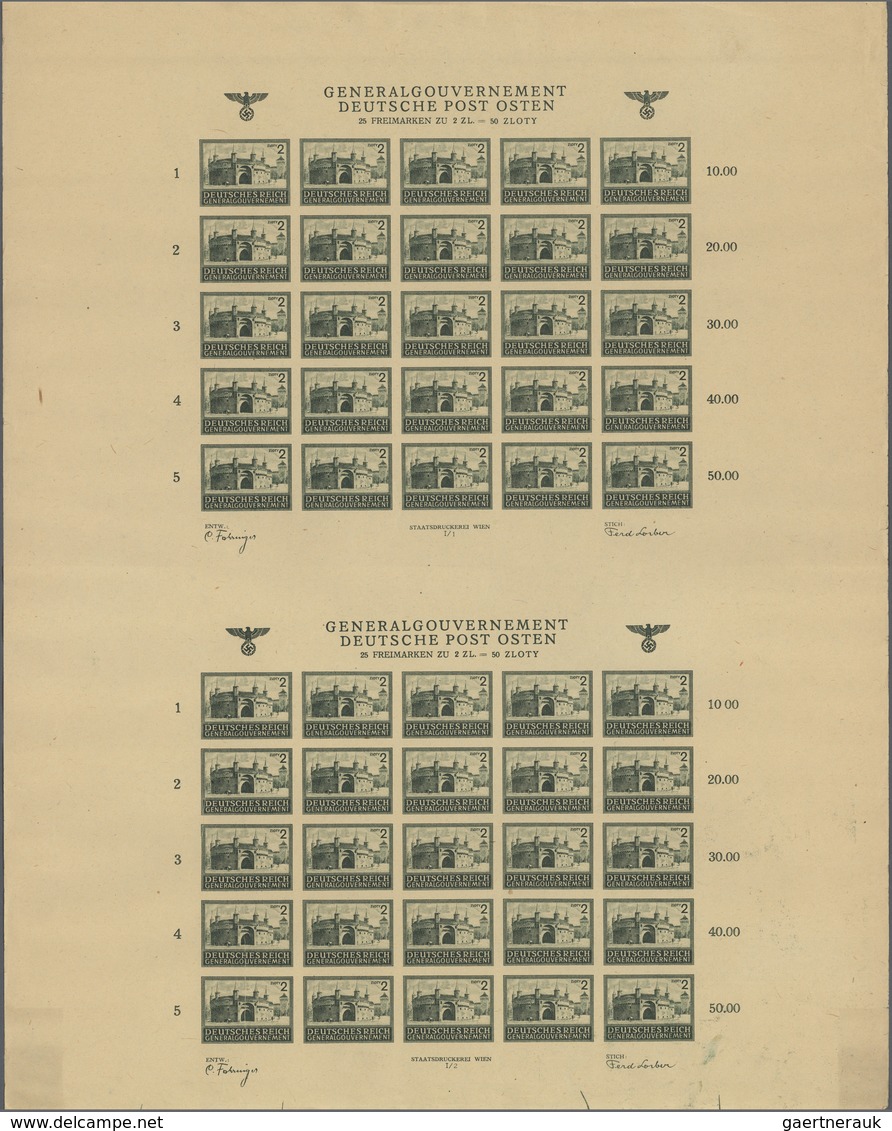 (*) Dt. Besetzung II WK - Generalgouvernement: 1943, Bauwerke 2 Zloty Dunkelgrün Fünfzig PROBEDRUCKE Auf - Occupation 1938-45