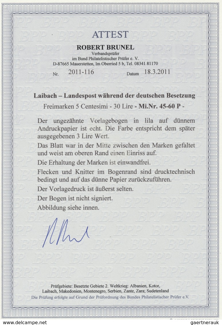 (*) Dt. Besetzung II WK - Laibach: 1945: Freimakrenserie Zu 16 Werten, 5 C. - 30 L., Kombinationsbogen, - Occupation 1938-45