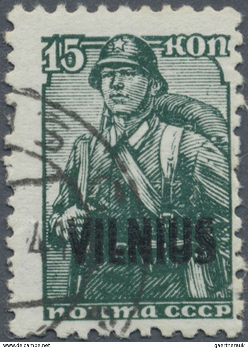 O Dt. Besetzung II WK - Litauen: 1941, 15 K. Graugrün, Mit Doppeltem Aufdruck „VILNIUS”, Gestempelt, D - Occupation 1938-45