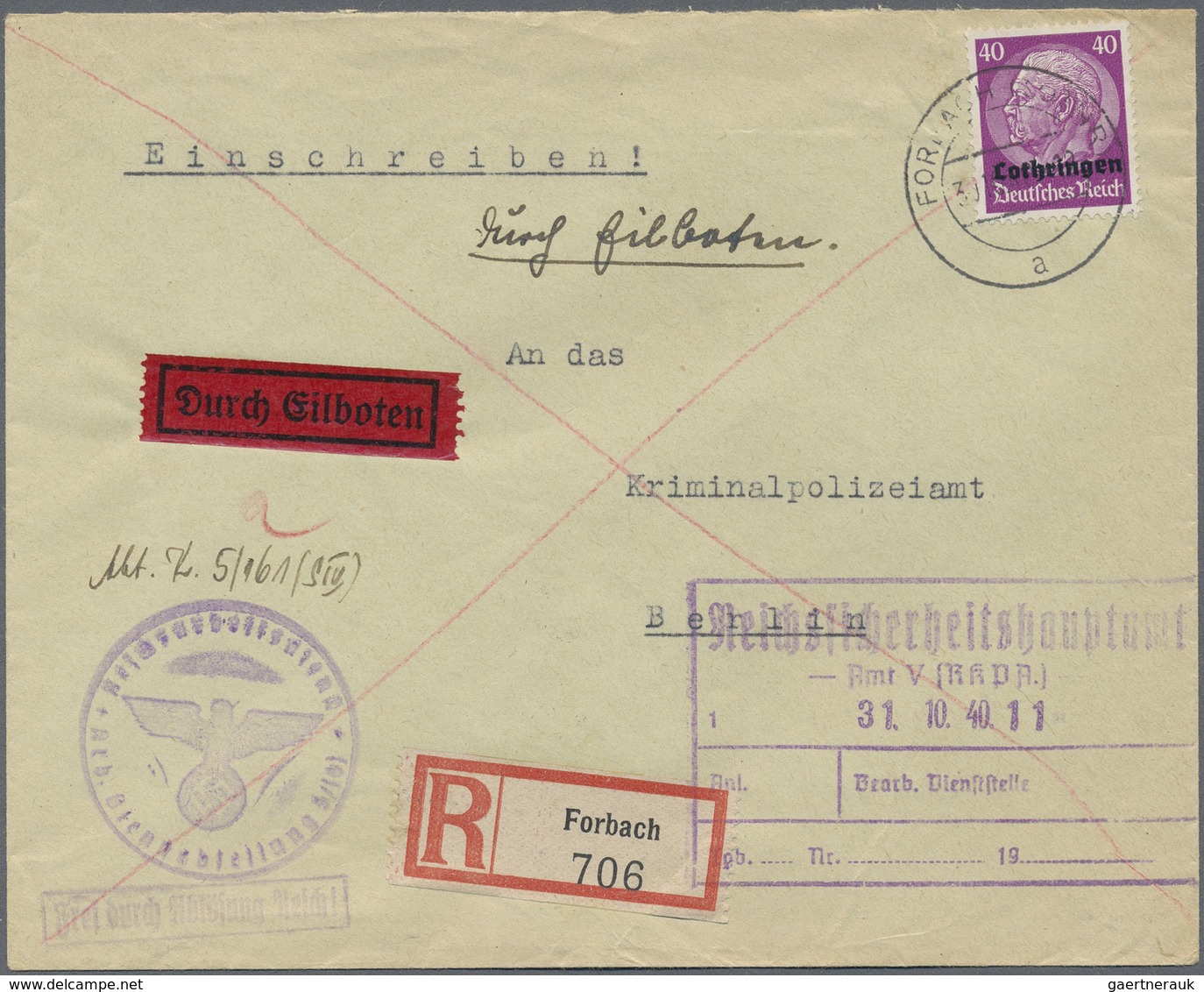 Br Dt. Besetzung II WK - Lothringen: 1940, 40 Pf Lebhaftviolett, EF Als Eilbotengebühr Auf Sonst Portof - Occupazione 1938 – 45