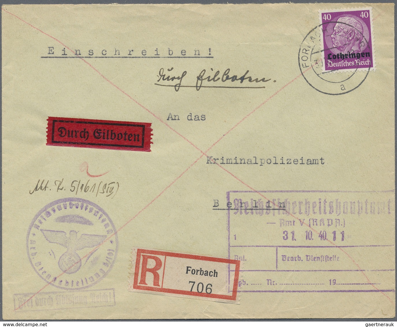 Br Dt. Besetzung II WK - Lothringen: 1940, 40 Pf Lebhaftviolett, EF Als Eilbotengebühr Auf Sonst Portof - Occupation 1938-45