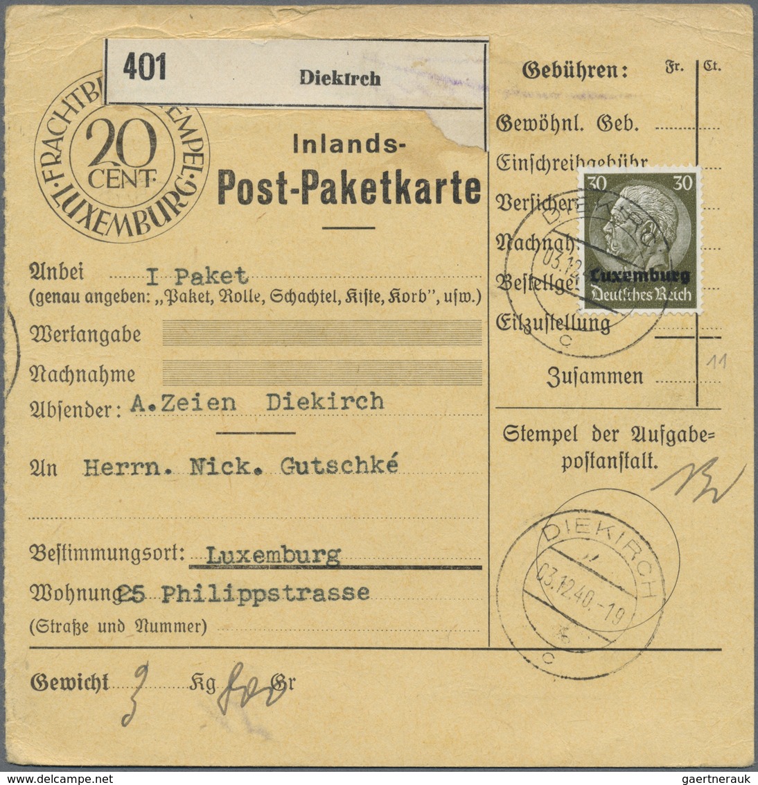 Br Dt. Besetzung II WK - Luxemburg: 1940, 30 Pf Dkl'braunoliv Als Portogerechte EF Auf Inlands-Paketkar - Besetzungen 1938-45