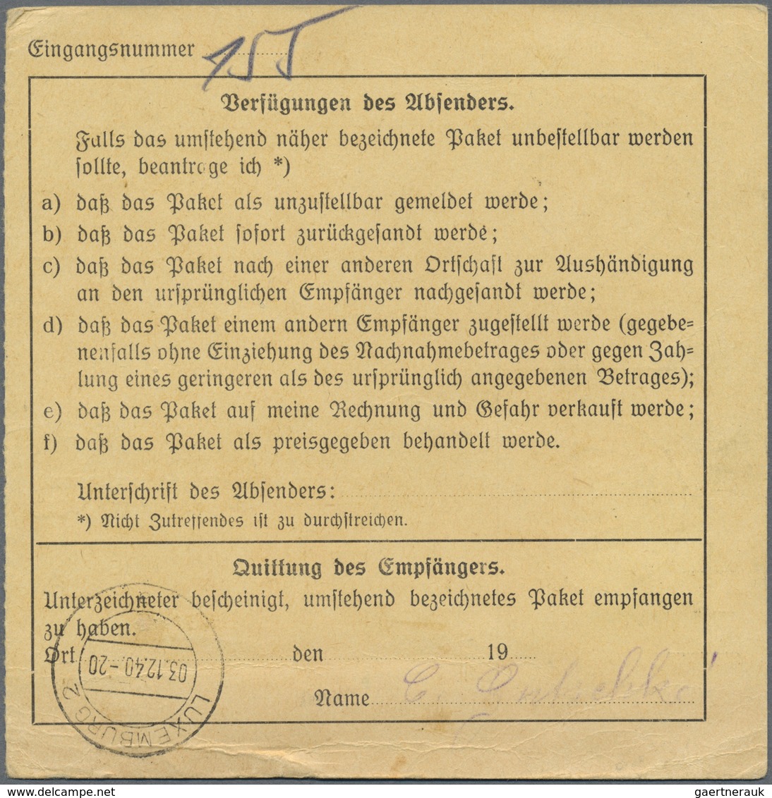 Br Dt. Besetzung II WK - Luxemburg: 1940, 30 Pf Dkl'braunoliv Als Portogerechte EF Auf Inlands-Paketkar - Occupation 1938-45