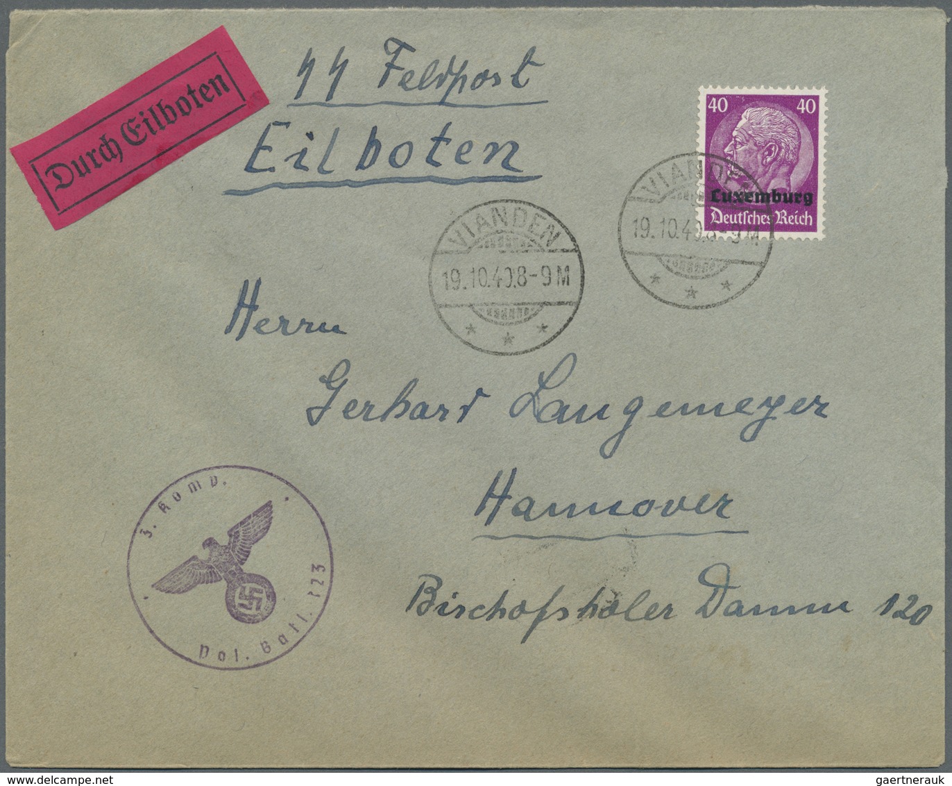 Br Dt. Besetzung II WK - Luxemburg: 1940, 40 Pf Lebhaftviolett, EF Als Reine Eilbotengebühr Auf SS-Feld - Occupation 1938-45