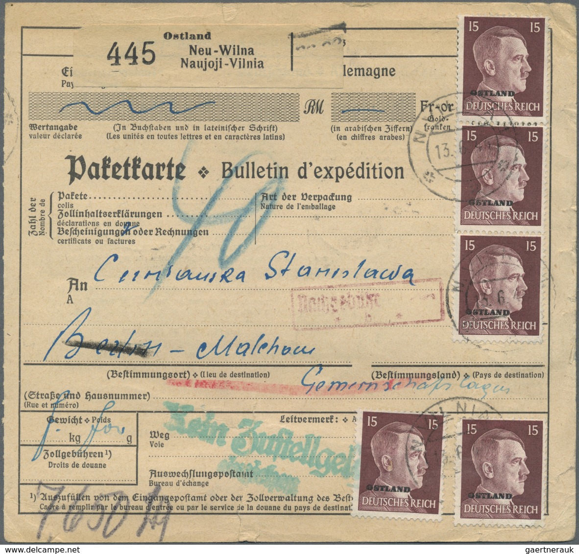 Br Dt. Besetzung II WK - Ostland: 1941, 15 Pf Karminbraun, 20 Stück Als Attraktive Massen-MeF Auf Paket - Besetzungen 1938-45