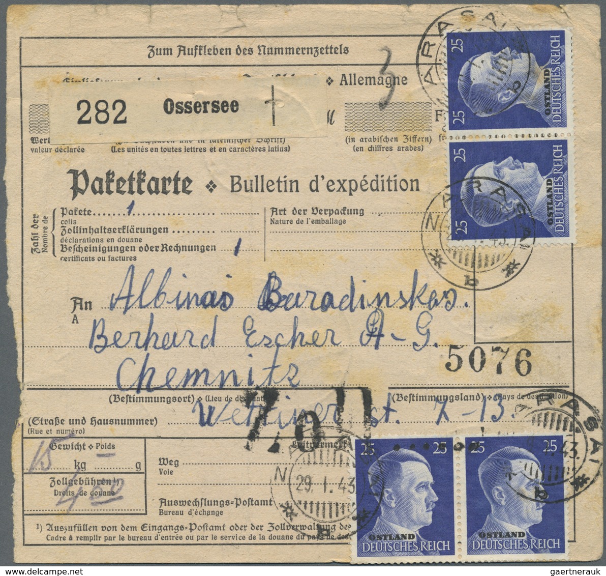 Br Dt. Besetzung II WK - Ostland: 1941, 25 Pf Violettblau, 6er-Block Als MeF Auf Paketkarte Von Mustla, - Besetzungen 1938-45