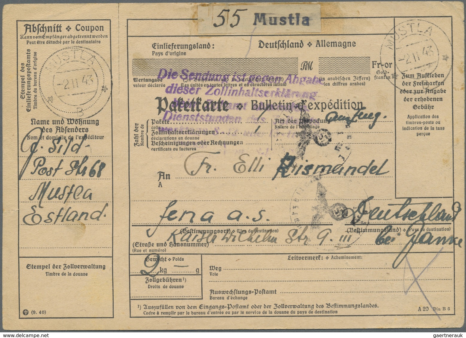 Br Dt. Besetzung II WK - Ostland: 1941, 25 Pf Violettblau, 6er-Block Als MeF Auf Paketkarte Von Mustla, - Occupation 1938-45