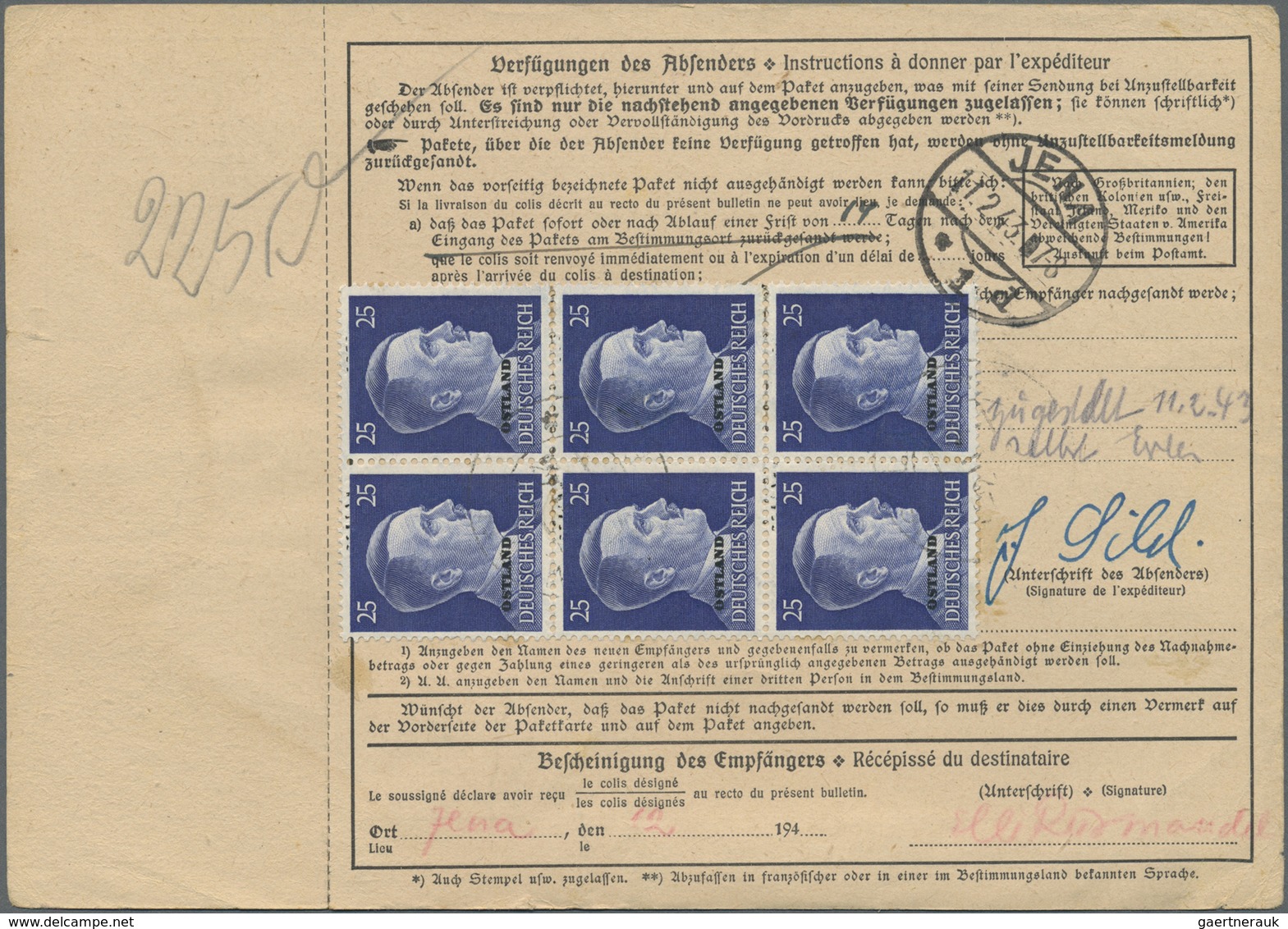 Br Dt. Besetzung II WK - Ostland: 1941, 25 Pf Violettblau, 6er-Block Als MeF Auf Paketkarte Von Mustla, - Occupazione 1938 – 45