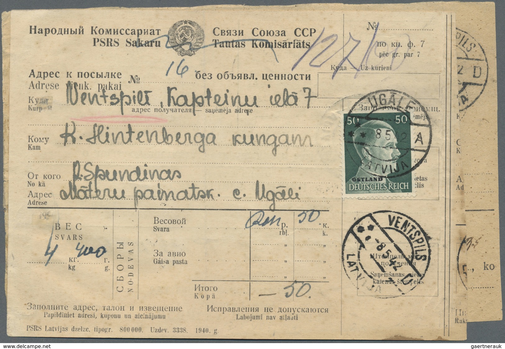 Br Dt. Besetzung II WK - Ostland: 1941, 50 Pf Schwarzblaugrün, Je Als EF Auf 2 Not-Paketkarten Von Riga - Besetzungen 1938-45