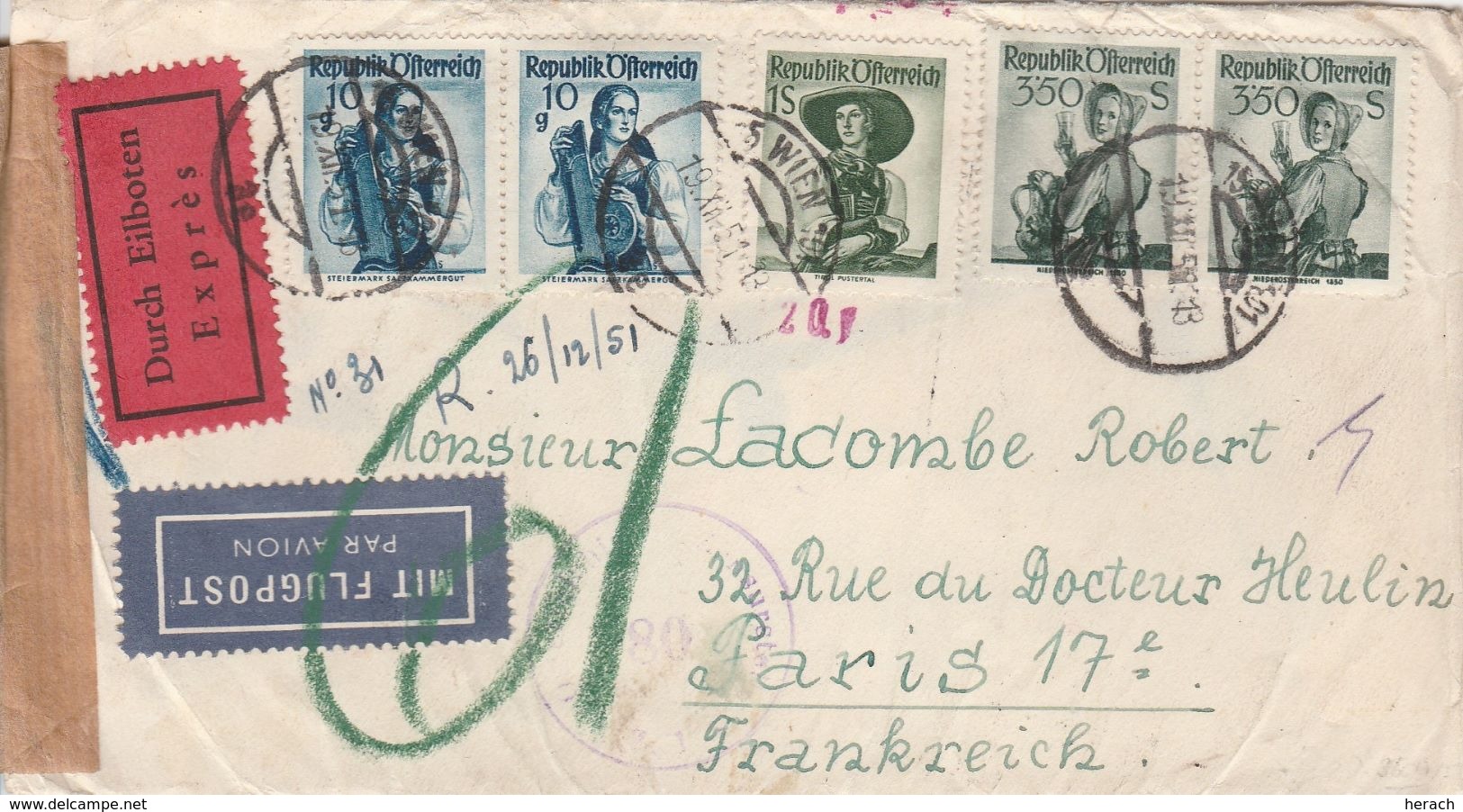 Autriche Lettre Censurée Par Exprès Par Avion Pour La France 1951 - Briefe U. Dokumente