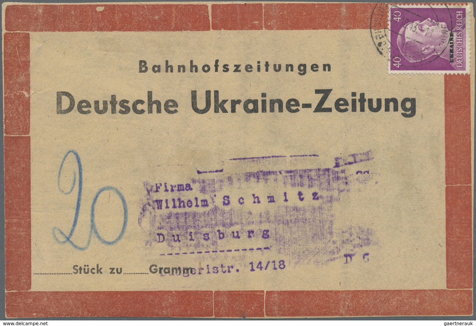 Br Dt. Besetzung II WK - Ukraine: 1941, 40 Pf Dkl'lila EF Auf Bahnhofszeitung Adresszettel Der "Deutsch - Besetzungen 1938-45