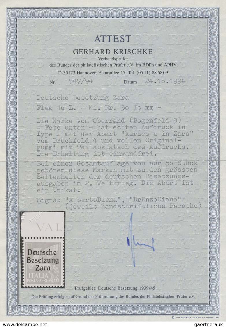 ** Dt. Besetzung II WK - Zara: 1943: 10 L Flugmarke Rot Mit Aufdruck Type I "Deutsche Besetzung Zara", - Occupazione 1938 – 45