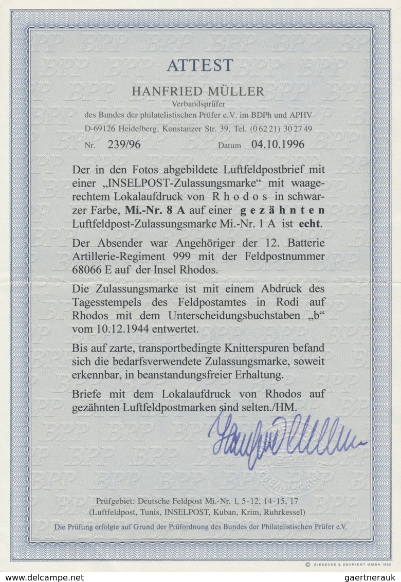 Br Feldpostmarken: 1944, Luftfeldpostbrief Mit Einer „INSELPOST-Zulassungsmarke" Mit Waagerechtem Lokal - Autres & Non Classés