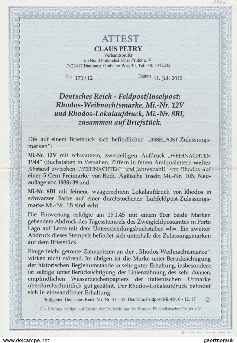 Brfst Feldpostmarken: 1944, Rhodos-Weihnachtsmarke Mit Aufdrucktype V Und Rhodos-Zulassungsmarke, Durchsto - Altri & Non Classificati