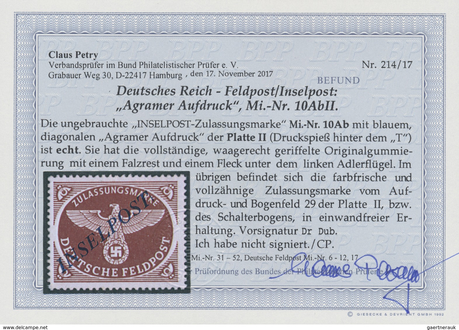 * Feldpostmarken: 1944, Feldpost-Päckchenmarke GEZÄHNT Mit Agramer Aufdruck "INSELPOST" Dunkelblau Pla - Autres & Non Classés