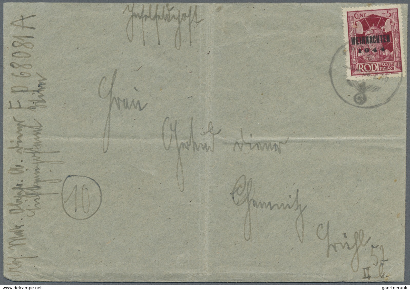 Br Feldpostmarken: Rhodos-Weihnachtsmarke Mit Aufdrucktype V Auf Briefumschlag Nach Chemnitz, Der Absen - Altri & Non Classificati