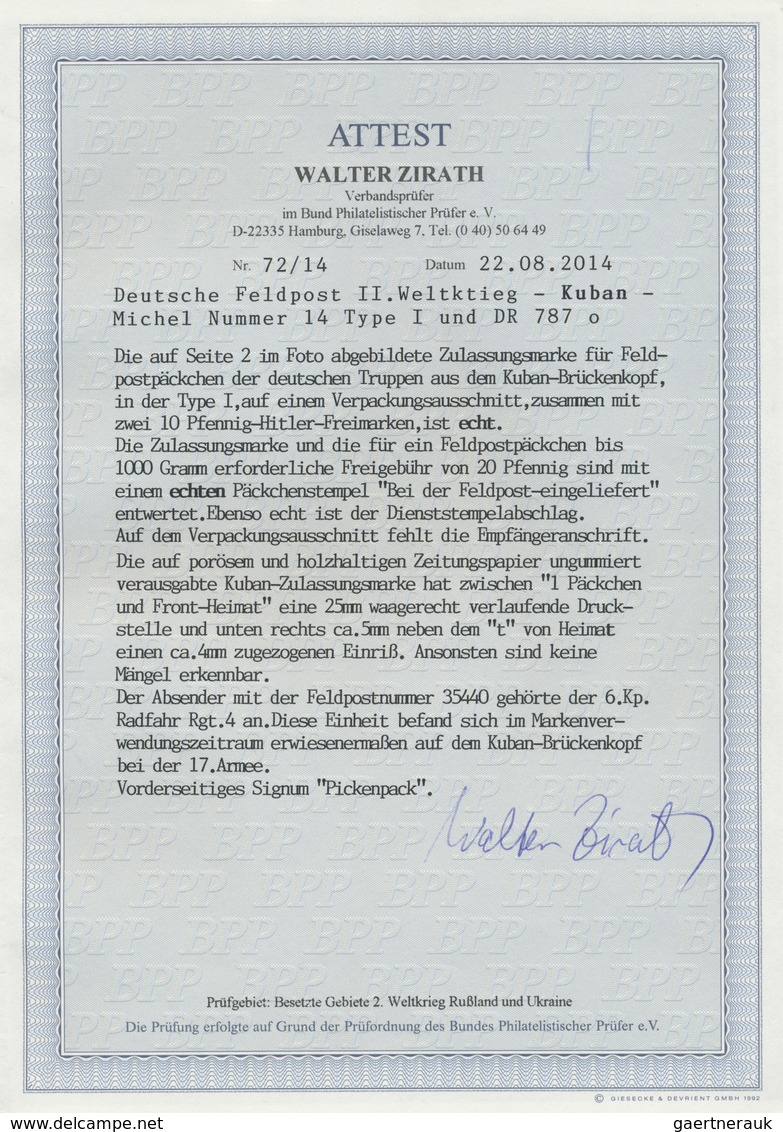 Br Feldpostmarken: 1943, Kuban, Brückenkopf, Päckchen-Zulassungsmarke "1 Päckchen Front - Heimat" In Ty - Altri & Non Classificati