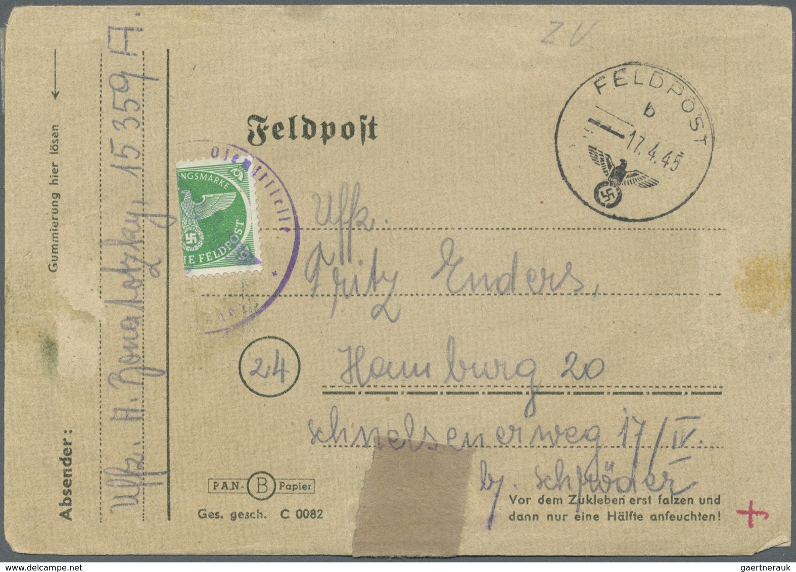 Br Feldpostmarken: 1945, Feldpostbrief Mit Halbierter Zulassungsmarke Mit Absenderangabe Feldpostnummer - Autres & Non Classés